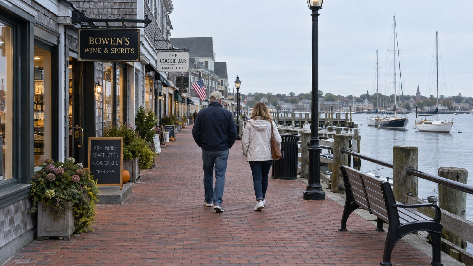 Two adults walking along a brick waterfront path beside shops and sailboats