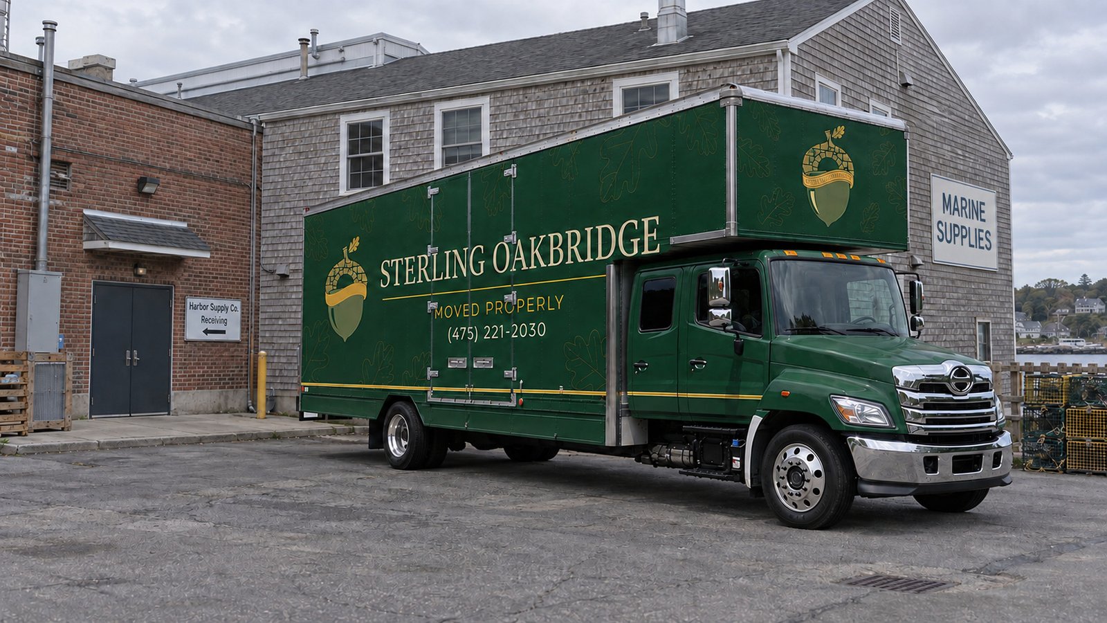 Allowing room for a business move A green Sterling Oakbridge box truck parked in a paved commercial service court