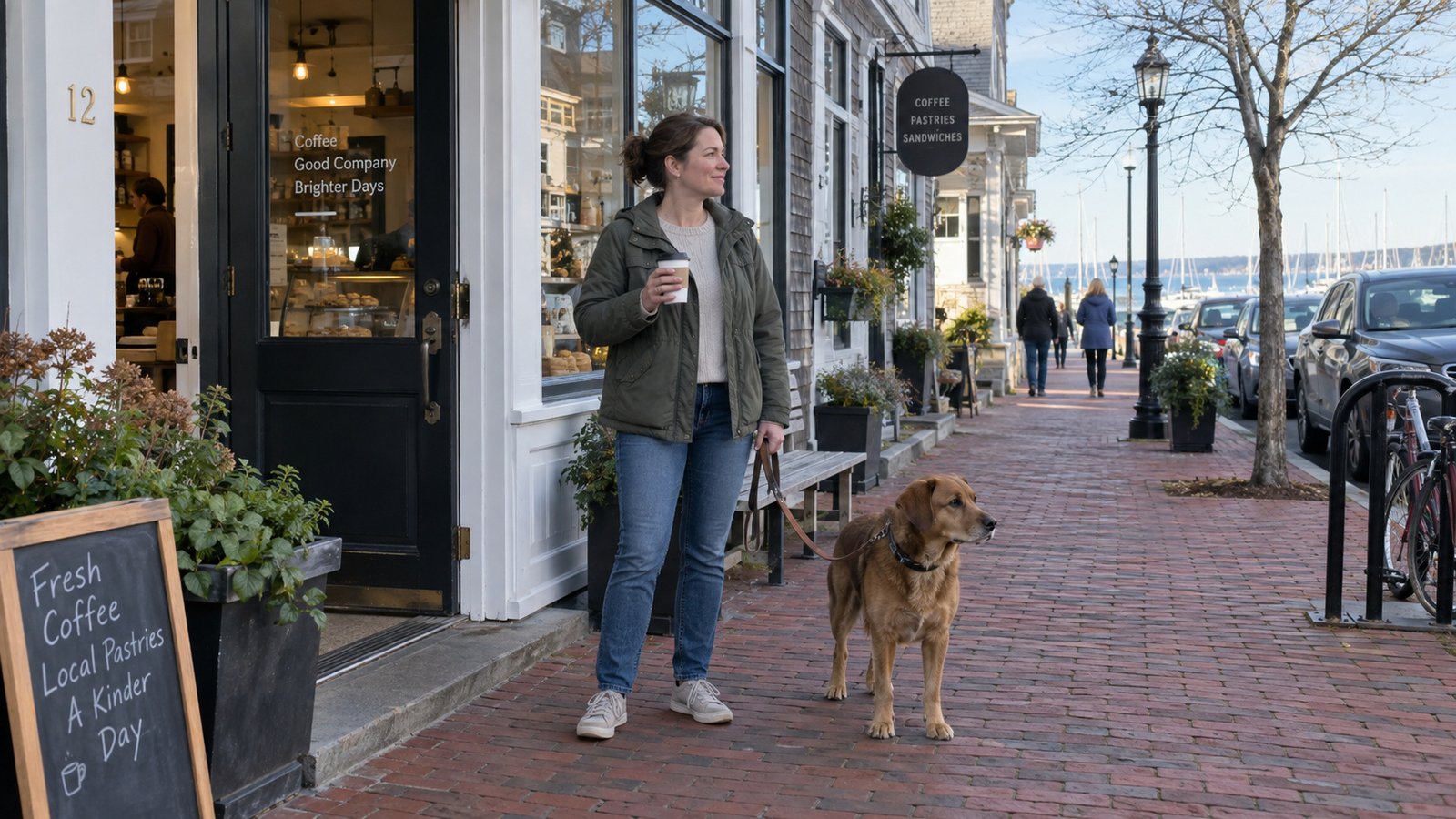 A woman holding coffee and a dog on a leash outside a neighborhood shop