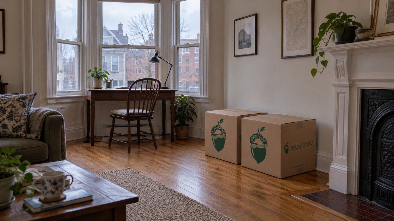 A desk in a bay window beside a fireplace and two kraft moving cartons