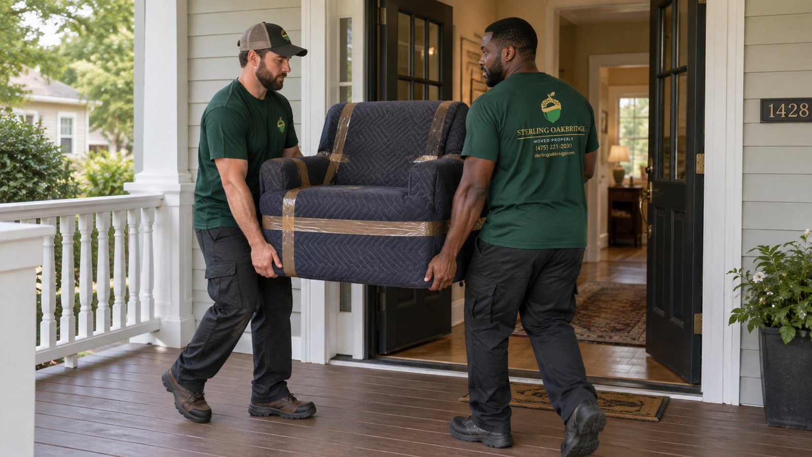 Carrying protected furniture through an entrance Two Sterling Oakbridge movers carrying a blanket-wrapped armchair across a porch