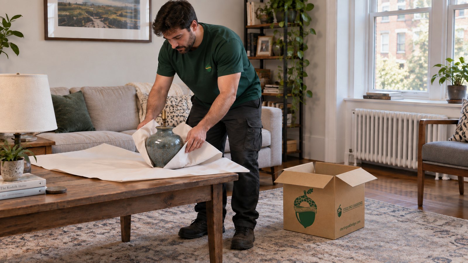 Preparing a lamp for packing A Sterling Oakbridge mover wrapping a ceramic lamp base beside an open kraft carton