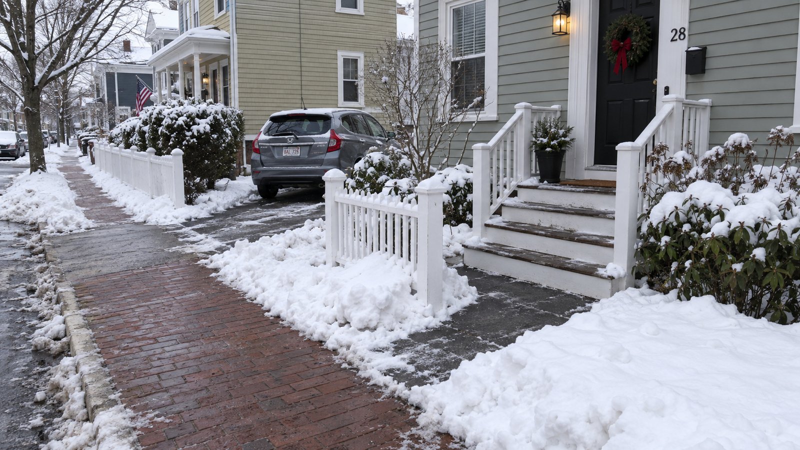 A cleared brick sidewalk and house entrance with snow along the fence