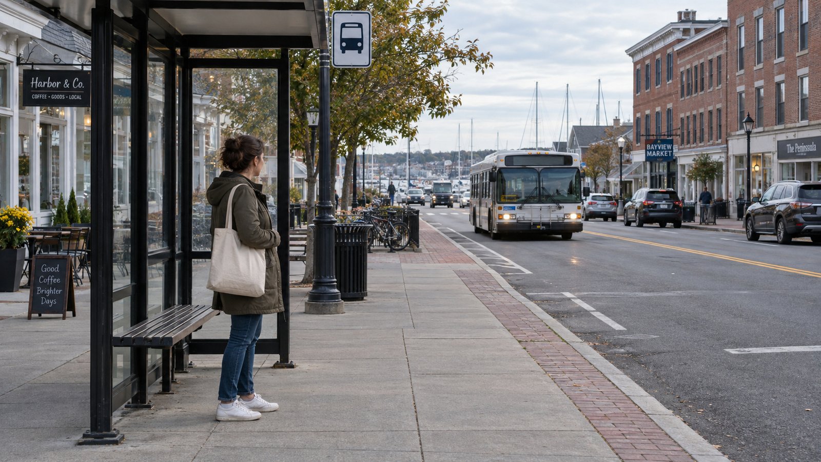 A passenger waiting in a shelter as a bus approaches along the street