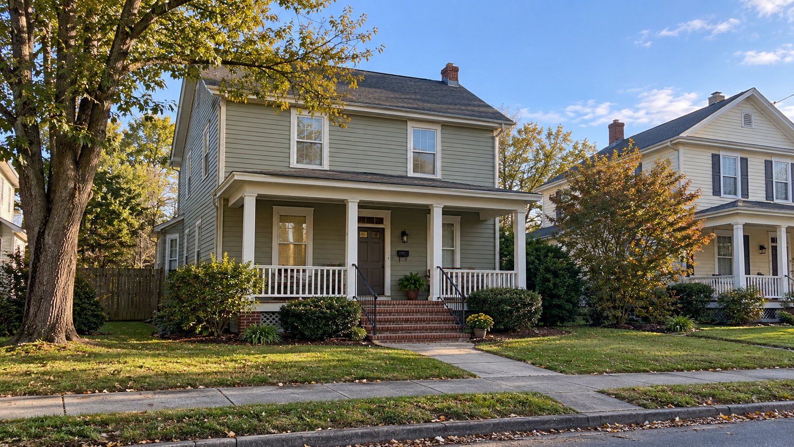 Compare the home and its street connection A maintained gray porch house has a complete roofline, front door, brick steps and a path to the public sidewalk.