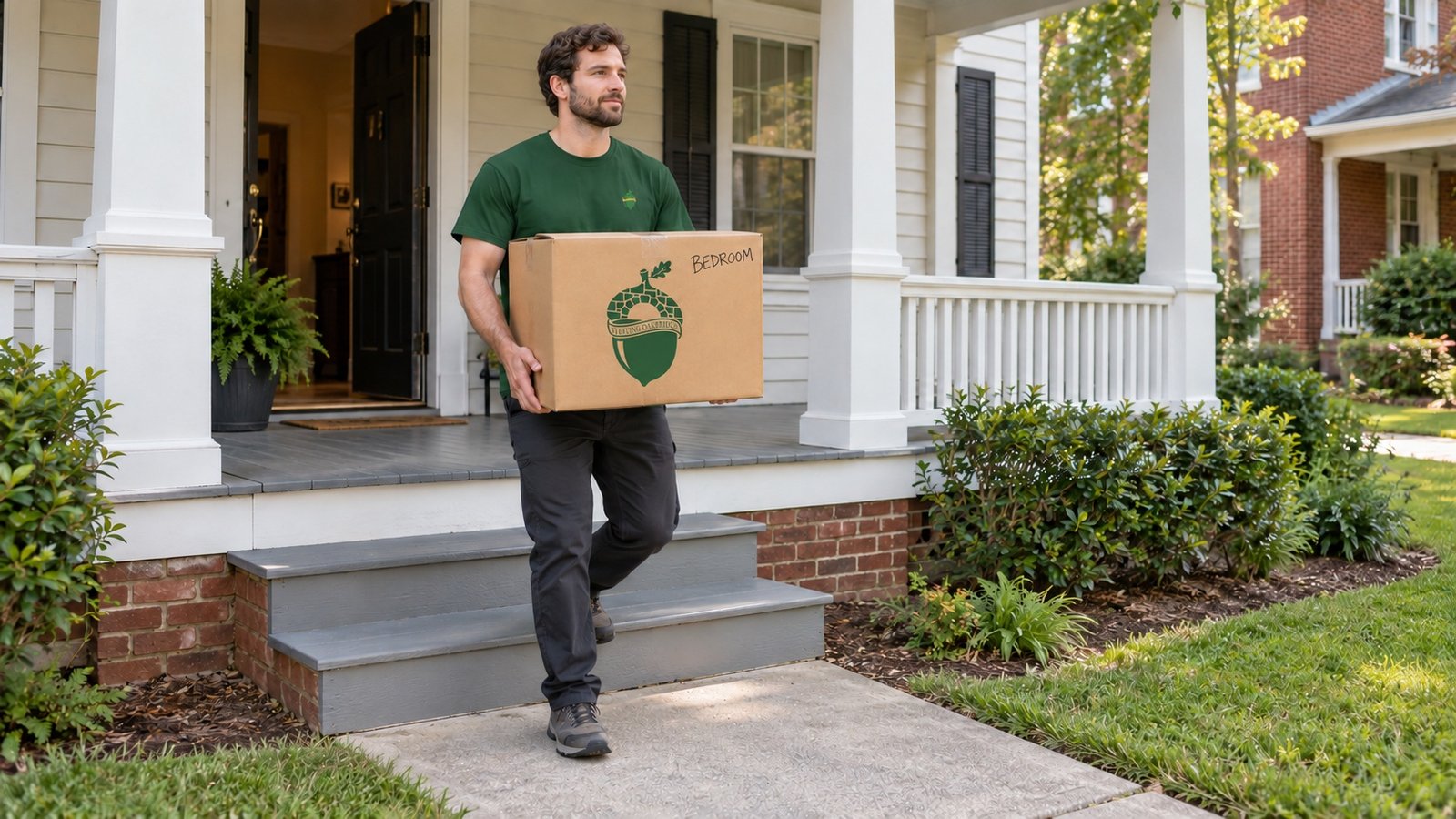 Mover in a green T-shirt supports a sealed kraft carton while stepping down from a porch. Mover in a green T-shirt supports a sealed kraft carton while stepping down from a porch.