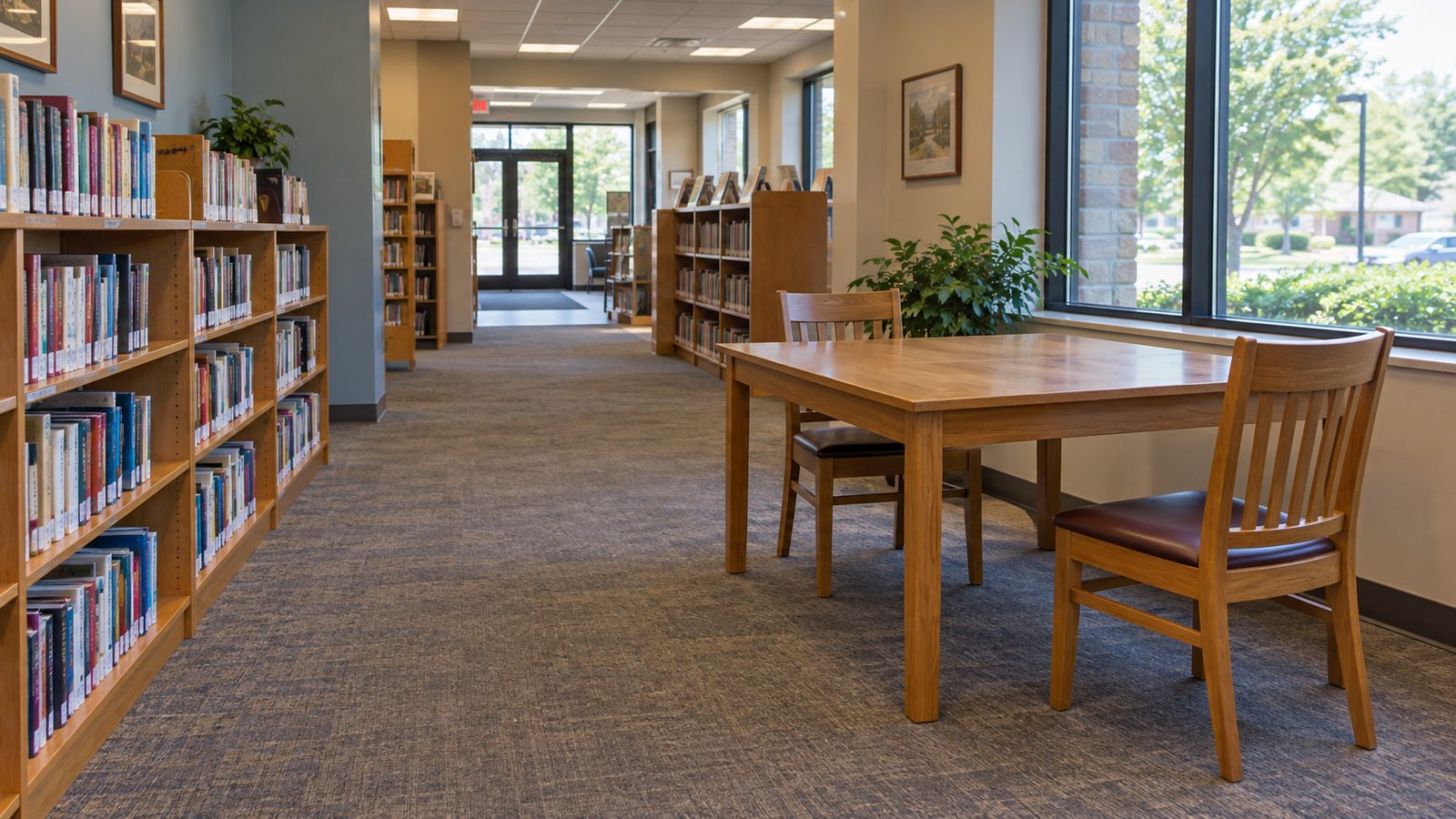 Make the library trip part of the week A modest library reading table and two complete wooden chairs stand beside shelves and a broad clear aisle.