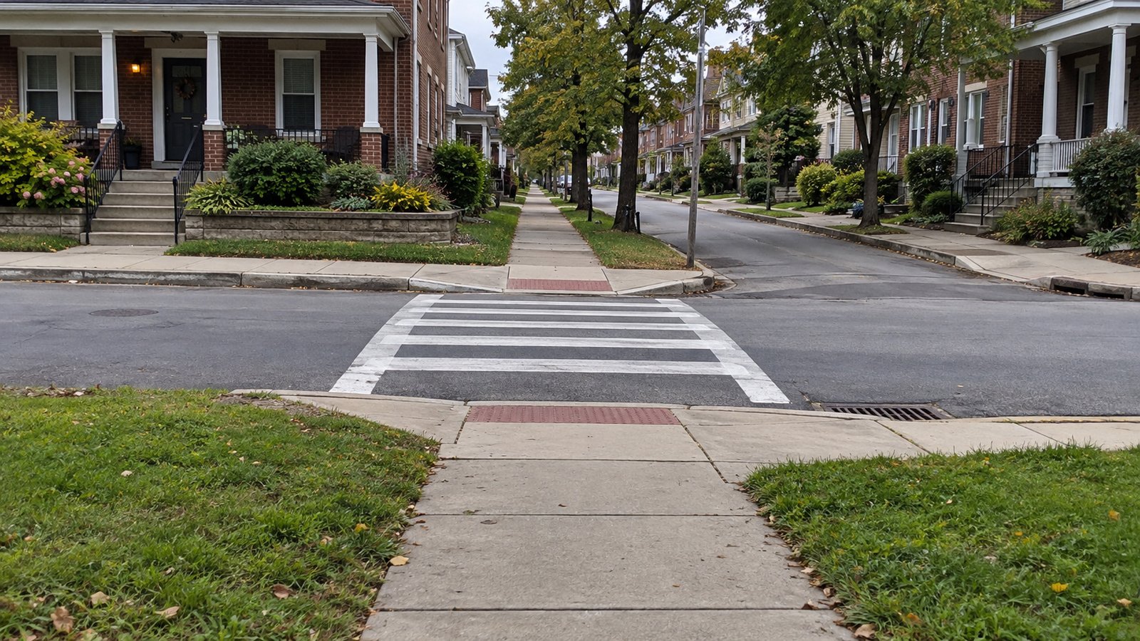 Follow the whole walking connection A painted crossing connects opposite sidewalk ramps on a residential street with separate house steps beyond the public path.