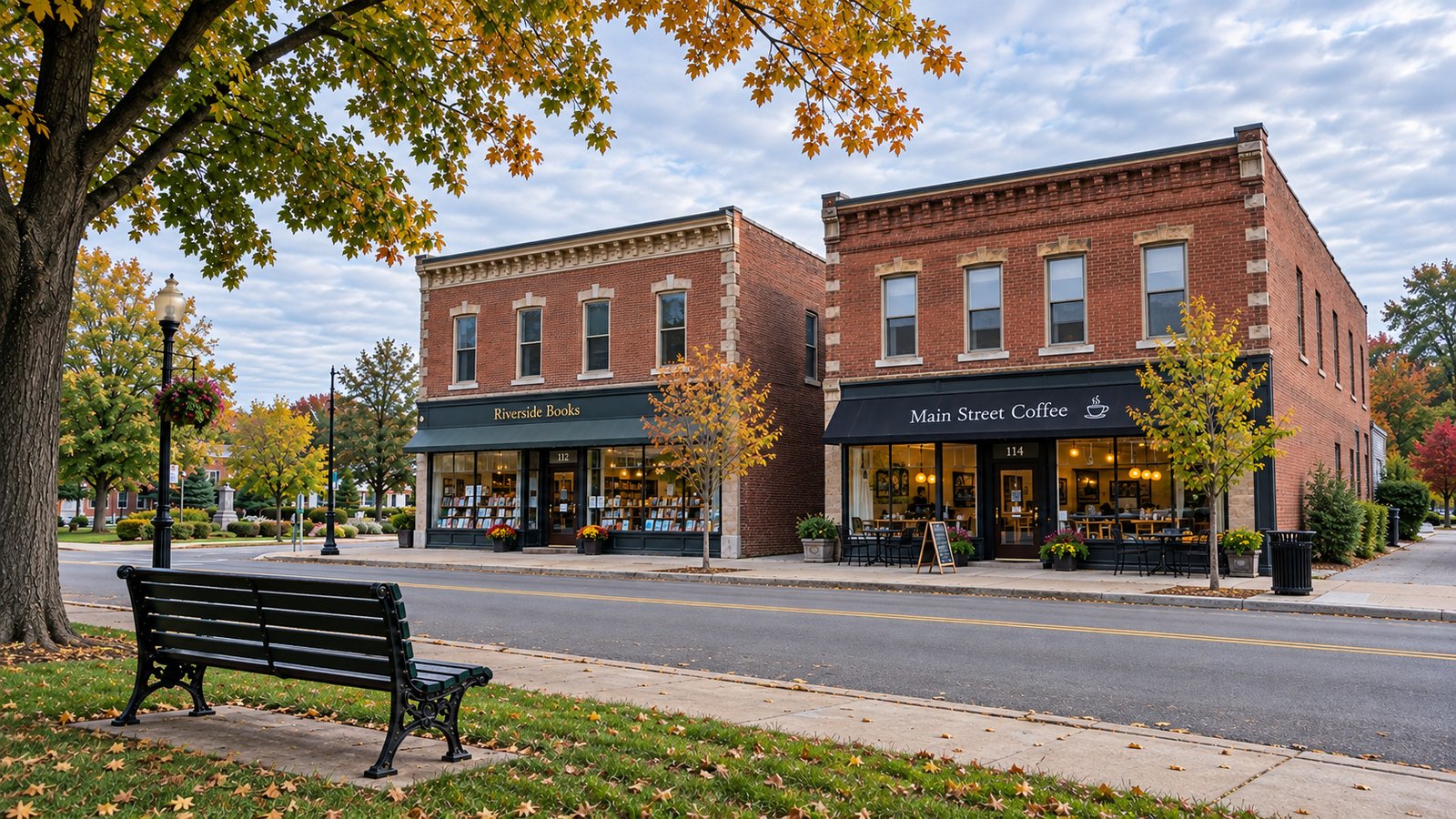 Everyday stops around town Park bench beside a tree-lined sidewalk facing two brick shops across a small-town street