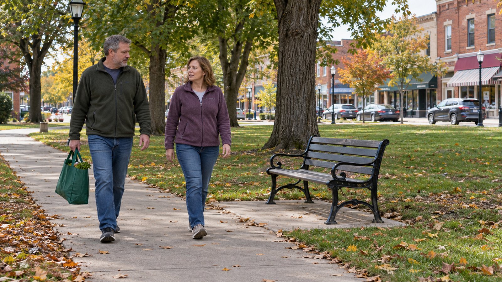 A walk that fits an ordinary day Two adults walking along a leafy park path beside an empty bench, one carrying a reusable grocery bag