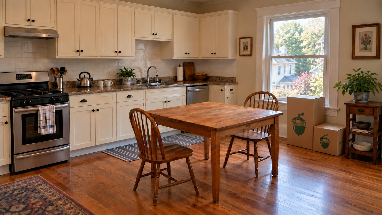Space for daily routines Kitchen with cream cupboards, a wooden table, two chairs and two closed Sterling Oakbridge cartons beside the window