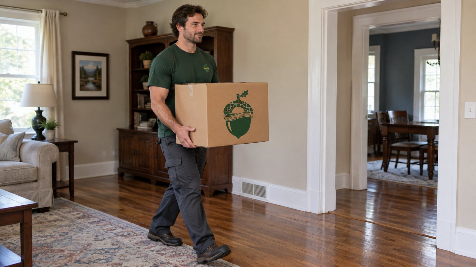 Keeping the carrying route clear Male Sterling Oakbridge mover carrying a closed branded carton across a room toward an open doorway