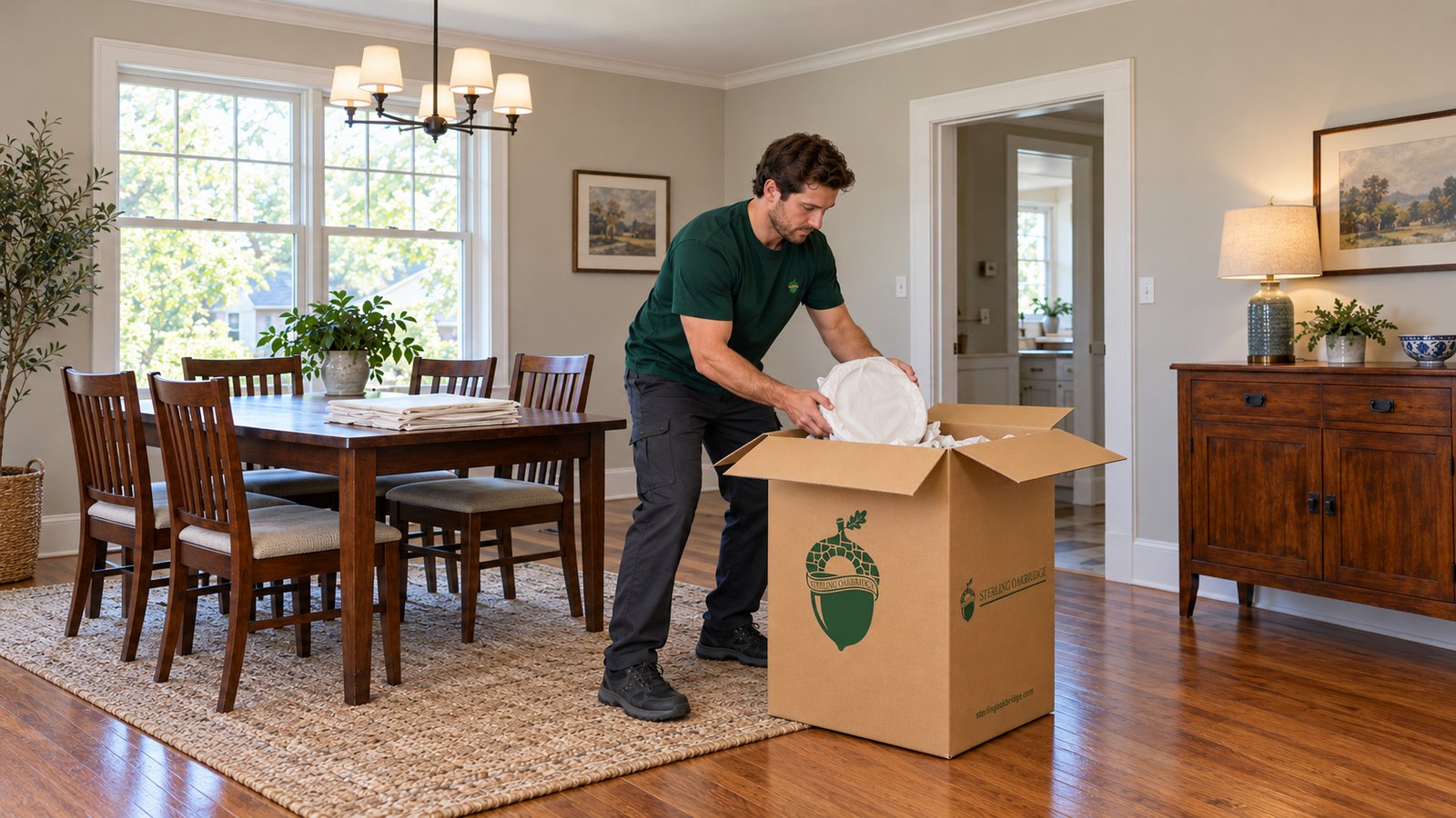 Packing fragile dishes Male Sterling Oakbridge packer supporting a paper-wrapped plate above an open tall branded china carton beside a dining table