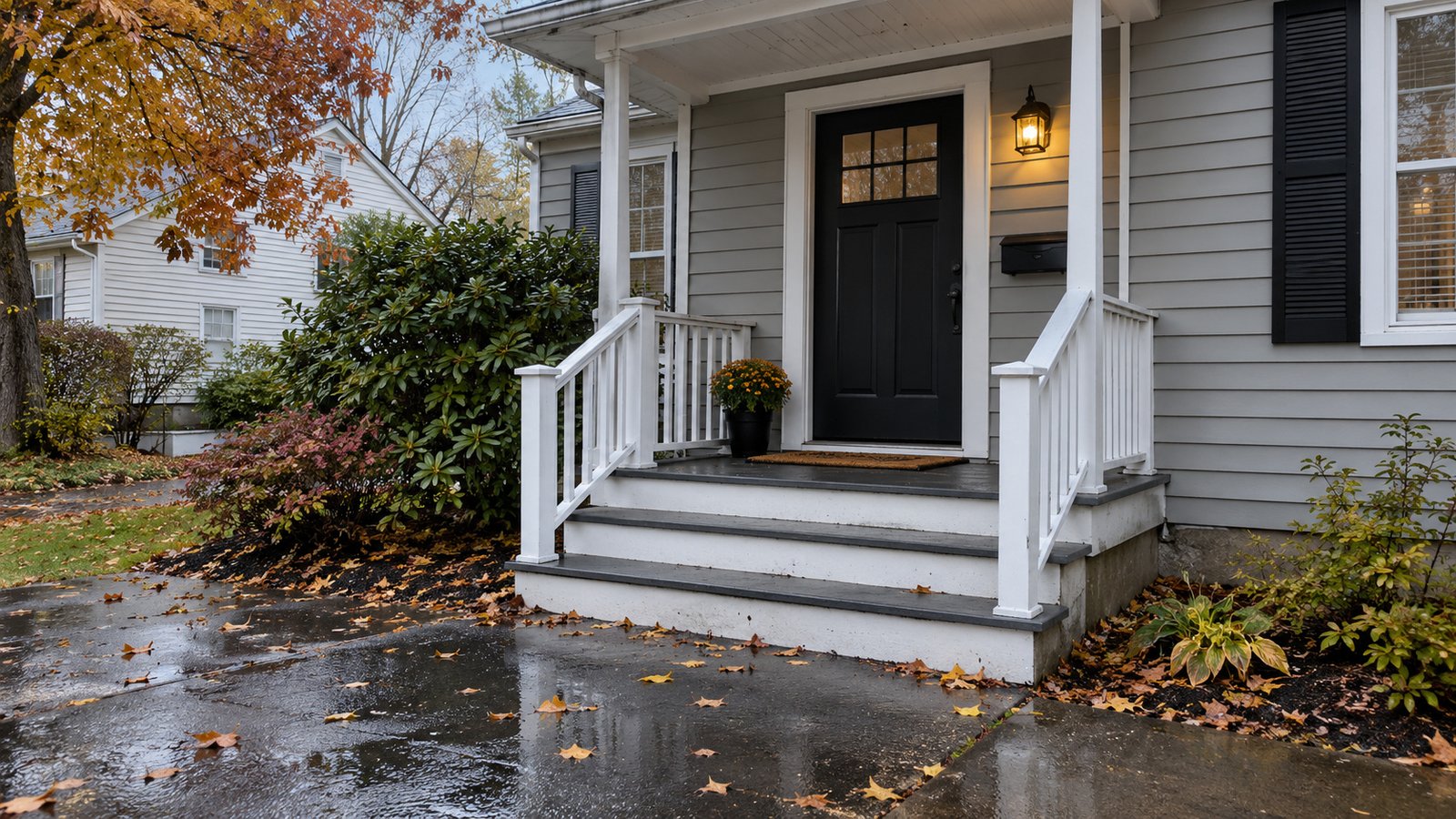 An entrance after rain Covered house entrance with white handrails, three steps and a wet paved approach scattered with a few autumn leaves