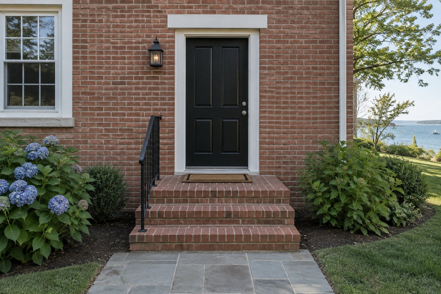 Inspect the entrance and steps A closed single black door in a brick rear entrance above three complete brick steps and a handrail.
