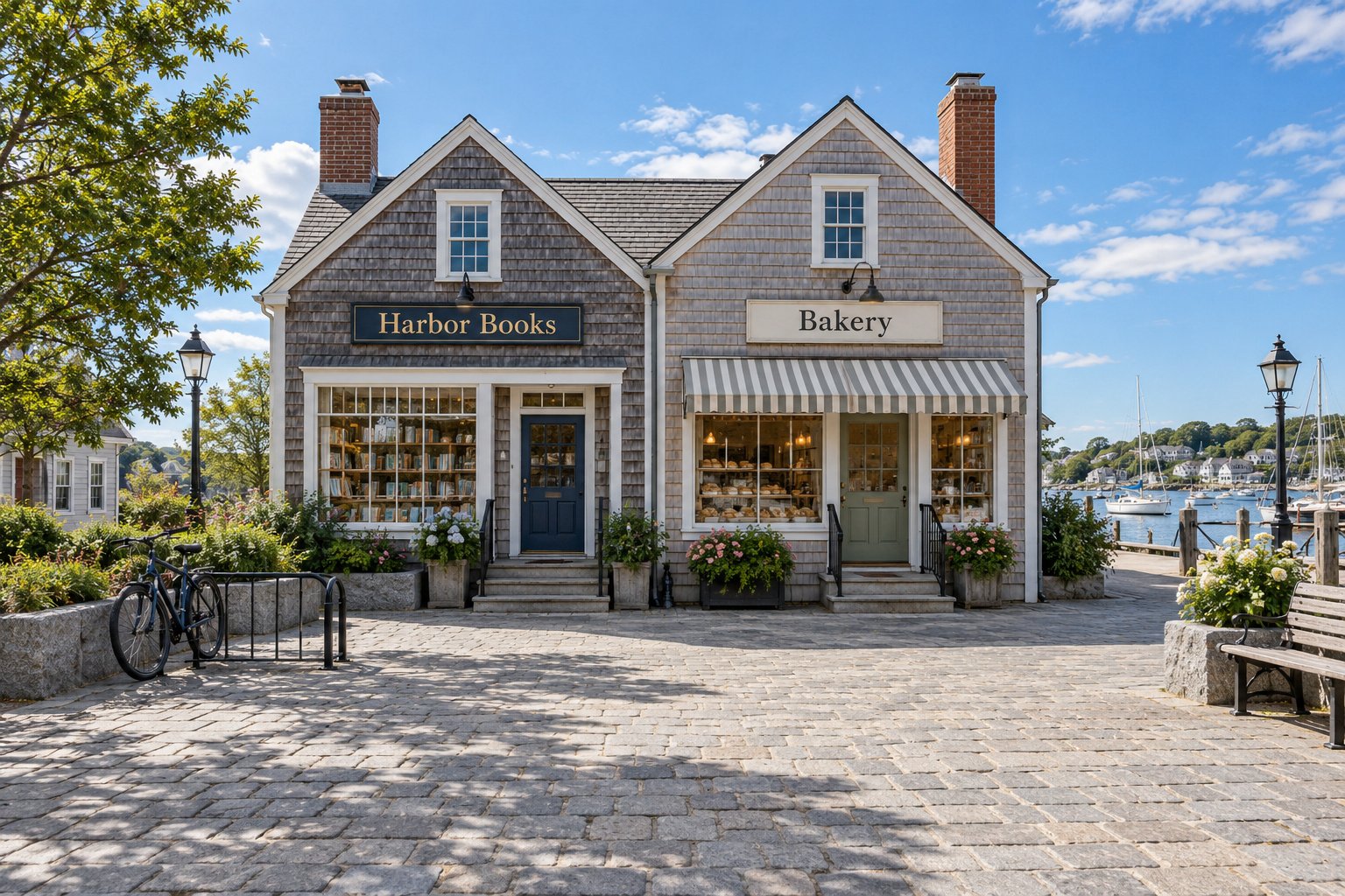 Two complete shingle shops with functional Harbor Books and Bakery signs, entrance steps and a whole bicycle beside a clear pedestrian square.