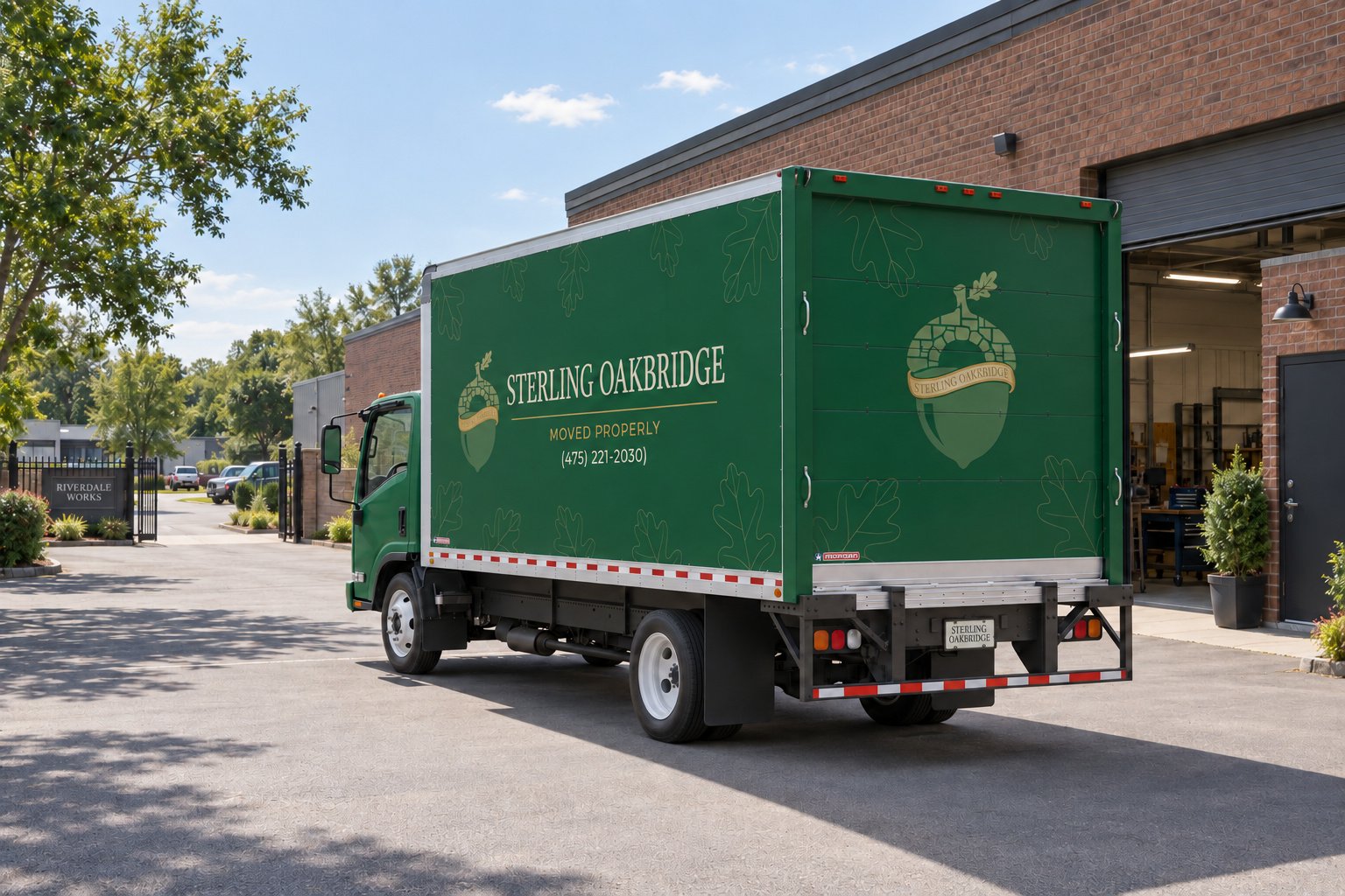 Confirm the truck position A complete green Sterling Oakbridge NPR16 truck in rear three-quarter view, with its cargo door closed on a private paved workshop courtyard.