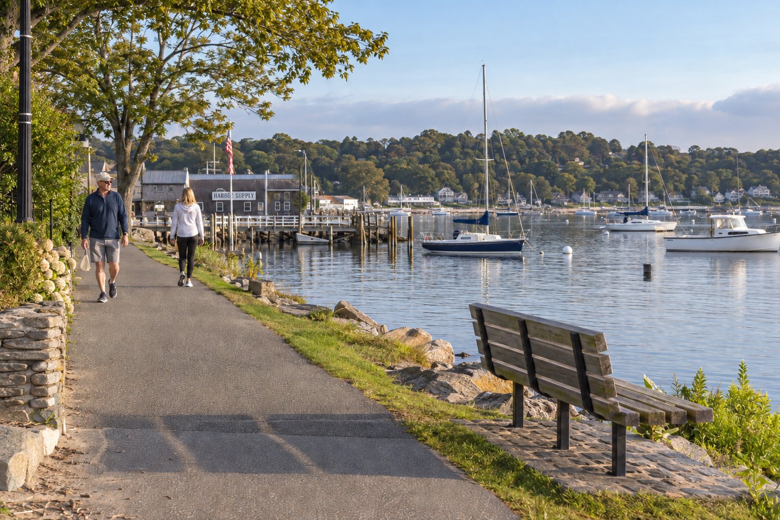 Two whole residents walk at different distances beside harbor water and a complete timber bench, with modest moored boats beyond.