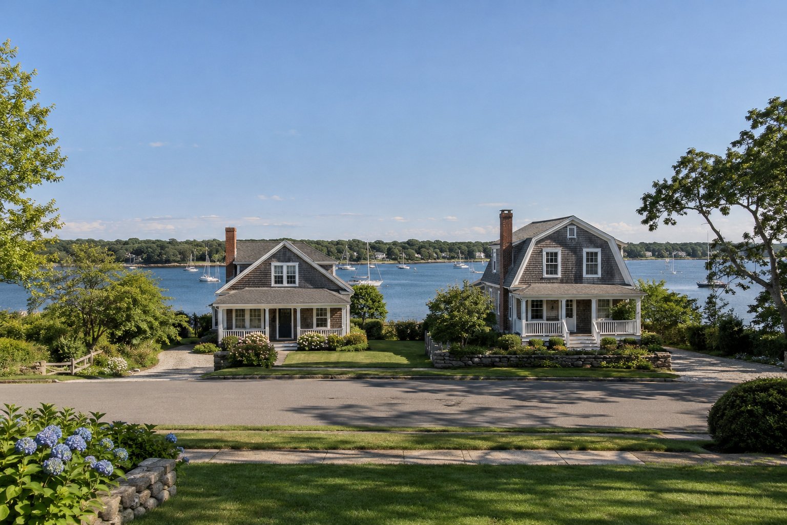 Inspect the property approach Two complete shingle houses with porches, driveways and a distant harbor beside a quiet daylight lane.