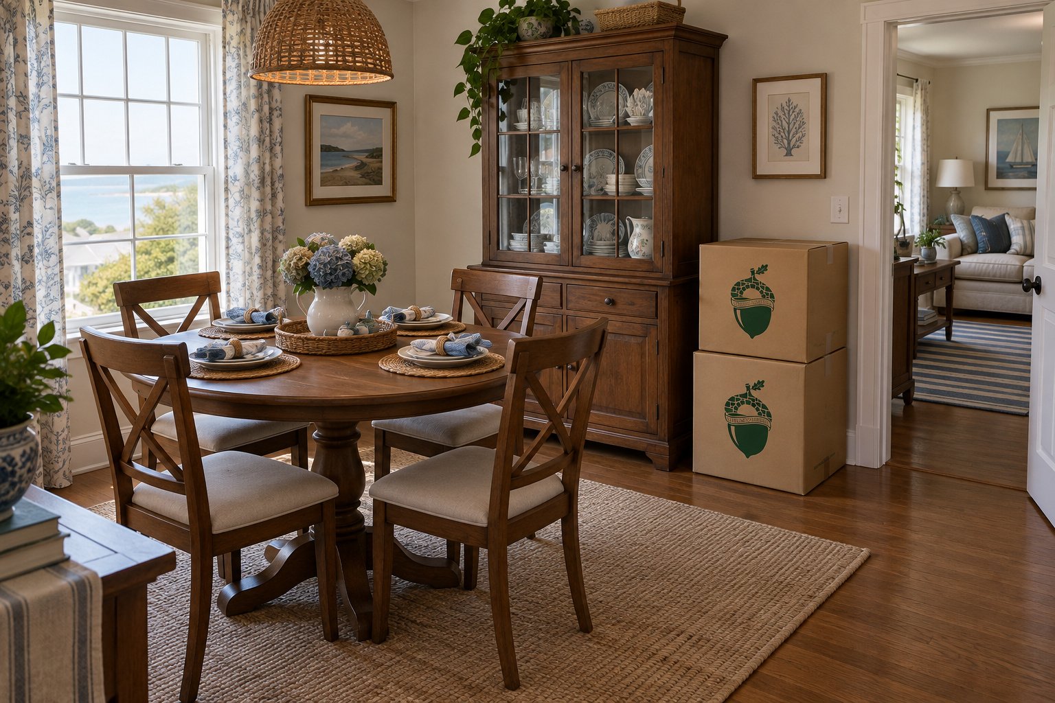 An occupied dining room with a complete round table and chairs, a china cabinet and two closed tall kraft dish cartons outside the route.