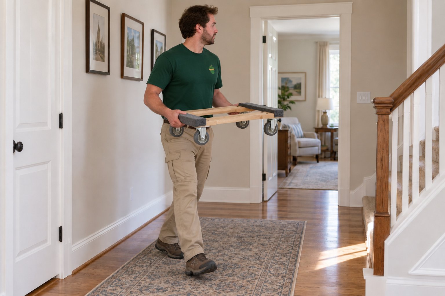 A whole male mover carries an empty compact wooden dolly horizontally in front of his body, holding two real rails, with four gray casters fixed beneath the frame.