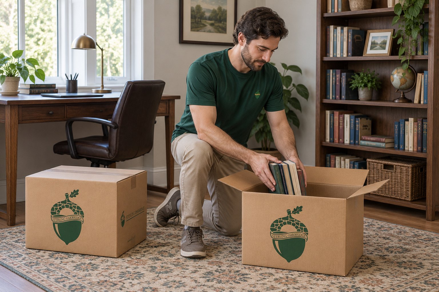 Prepare book packing A whole male packer kneels in a furnished home office and places books into an open small kraft book carton beside a matching closed carton.
