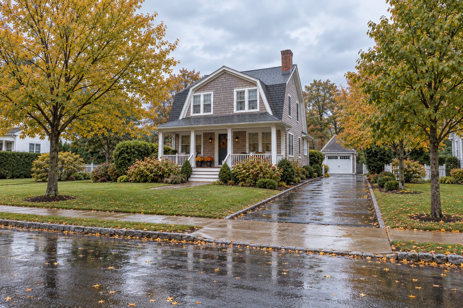 A complete shingled gambrel house and porch beside a clear wet driveway after a light autumn shower.