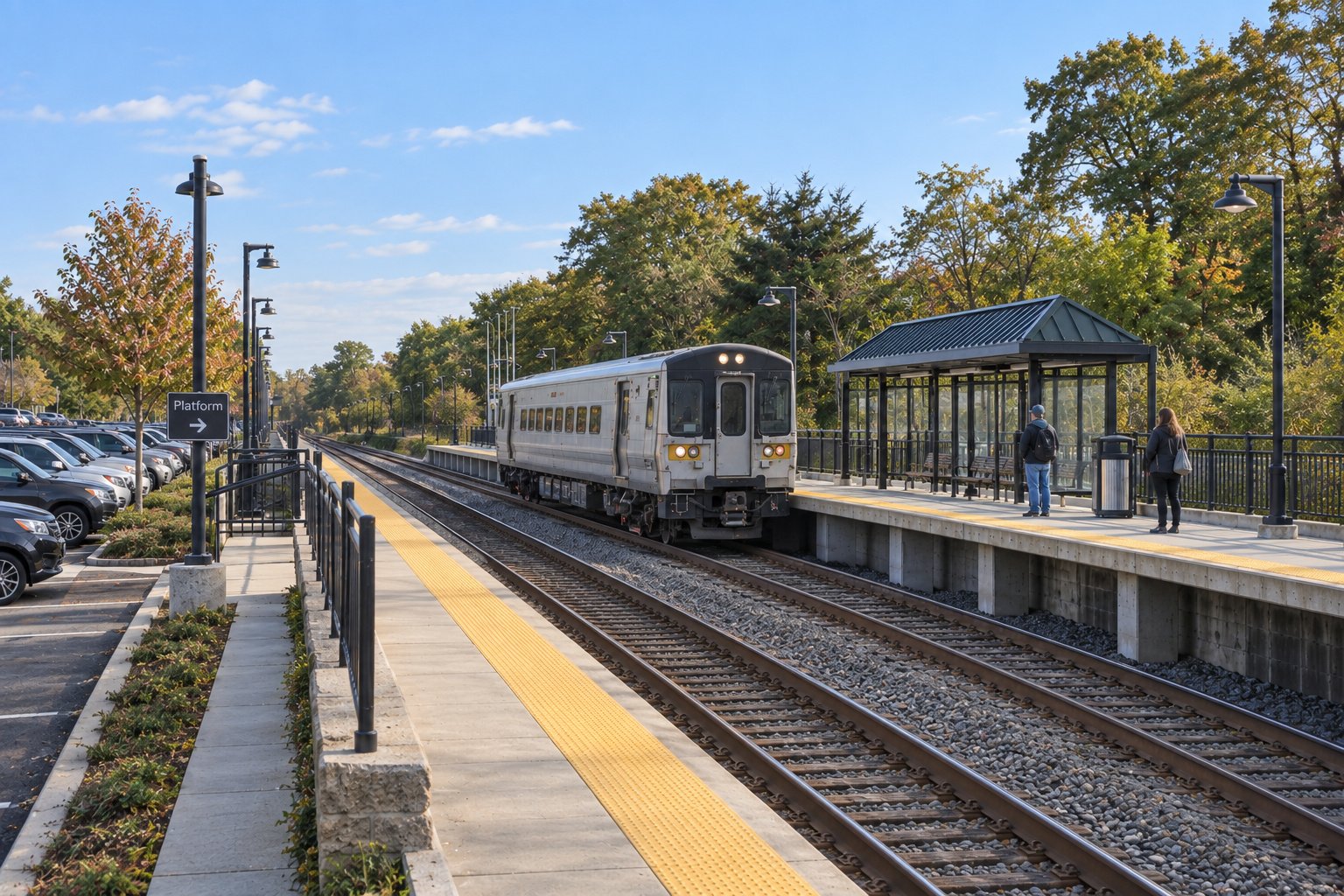 A whole short silver railcar beside a complete platform shelter and two waiting adults in daylight, with a separate parking approach.