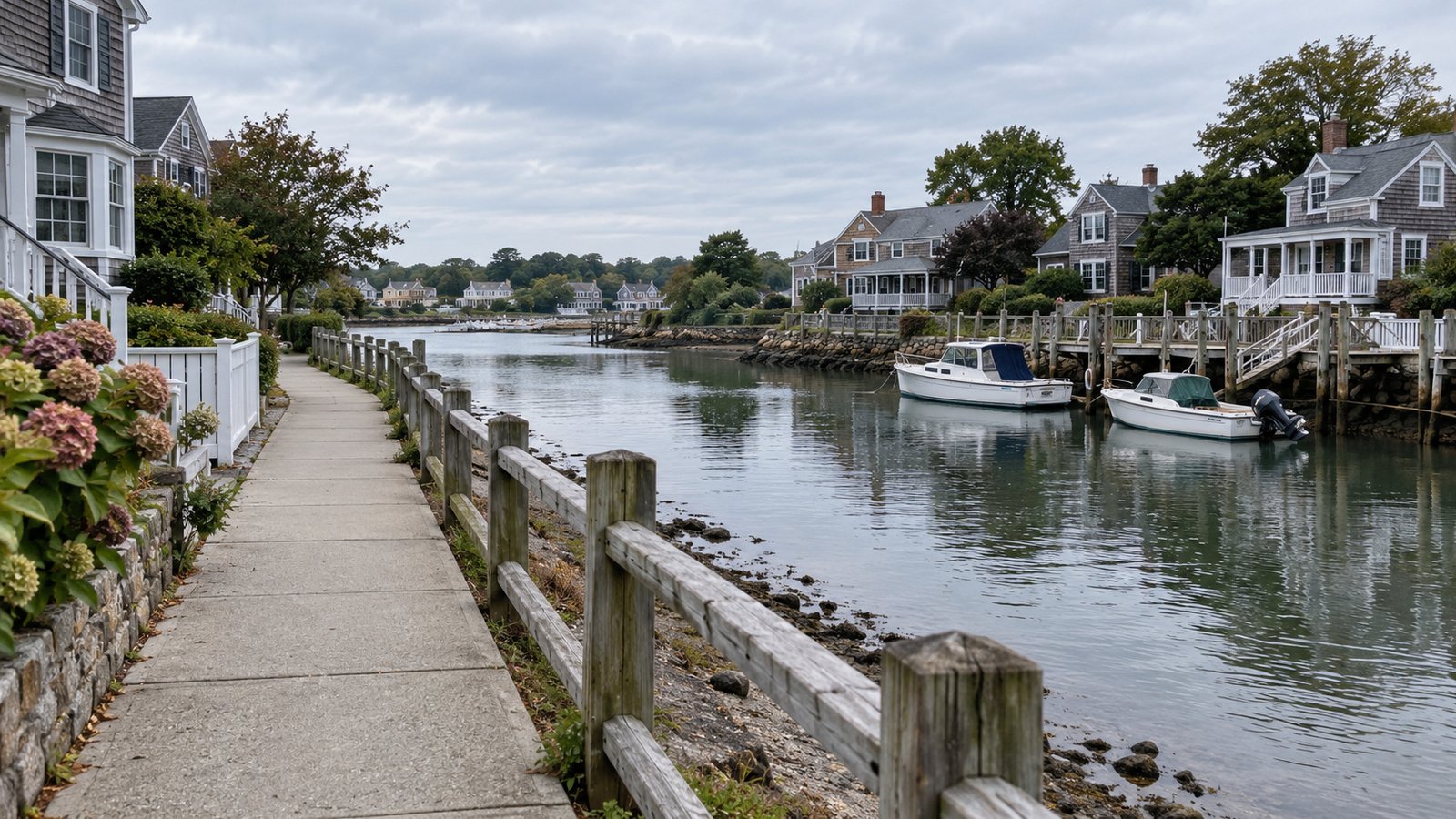 Low tidal creek, timber-edged sidewalk and shingled coastal village homes with two small moored boats.