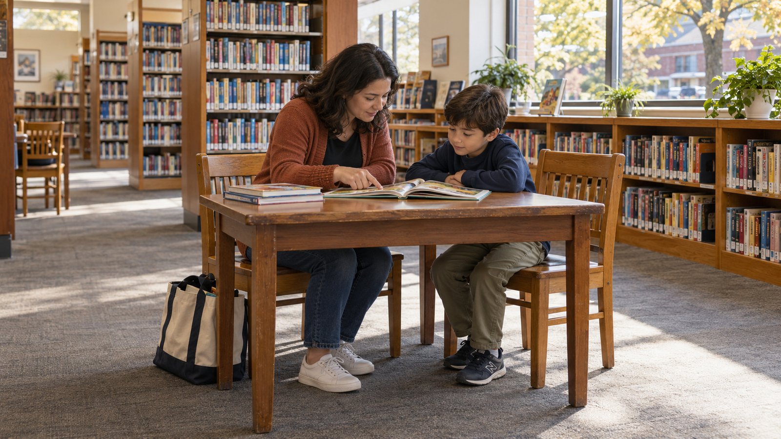 A first-week library visit An adult and child reading an open book at a stable wooden table in a library.