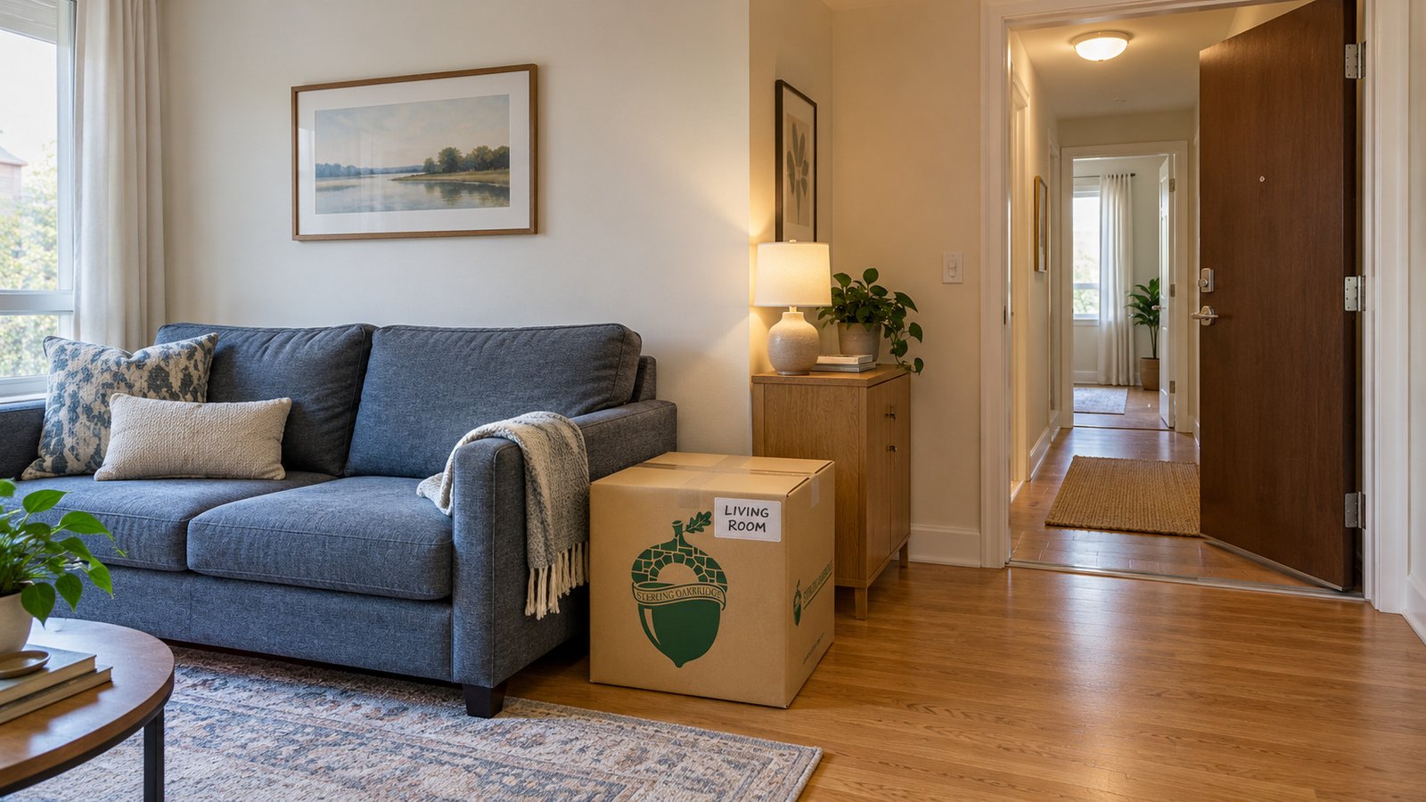 Room layout and the connected entry route Blue-gray sofa and a sealed living-room carton beside a clear open doorway and short hall.
