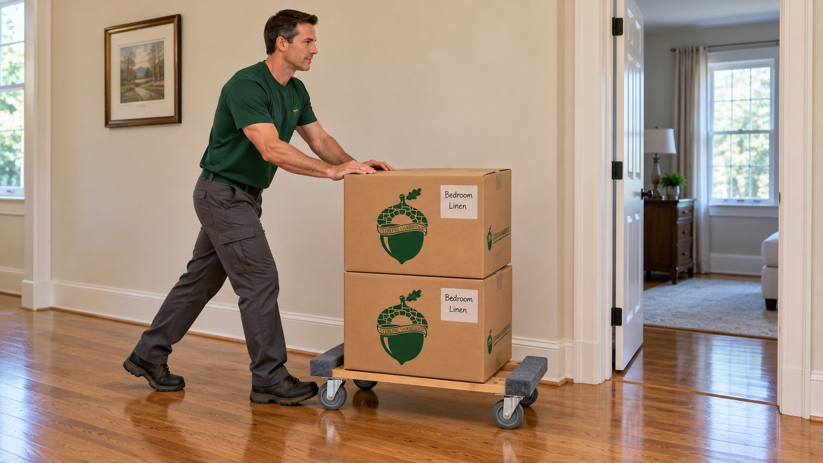 Roll prepared cartons along the agreed route One employee rolling two sealed bedroom-linen cartons on a compact wooden four-wheel dolly along a clear oak-floor approach.