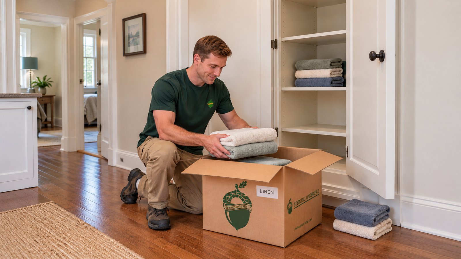 Prepare the selected room contents A kneeling packing employee lowering folded towels into an approved open linen carton beside a partly emptied cupboard.