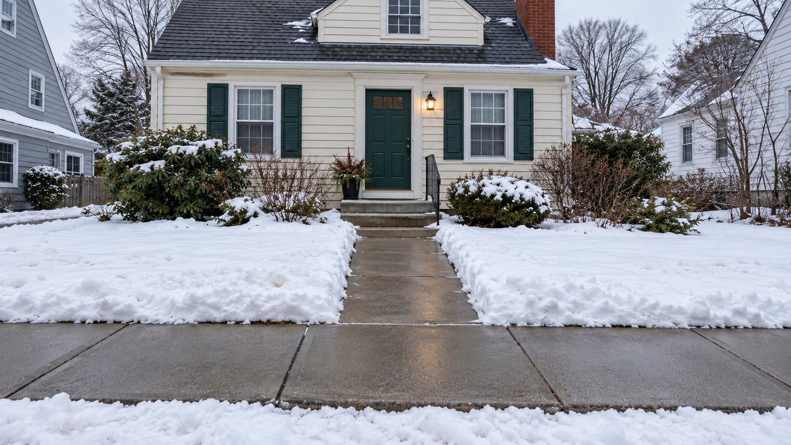 A continuous winter entrance route A cleared public sidewalk, connected private walk and concrete entrance steps between lawn-edge snowbanks.