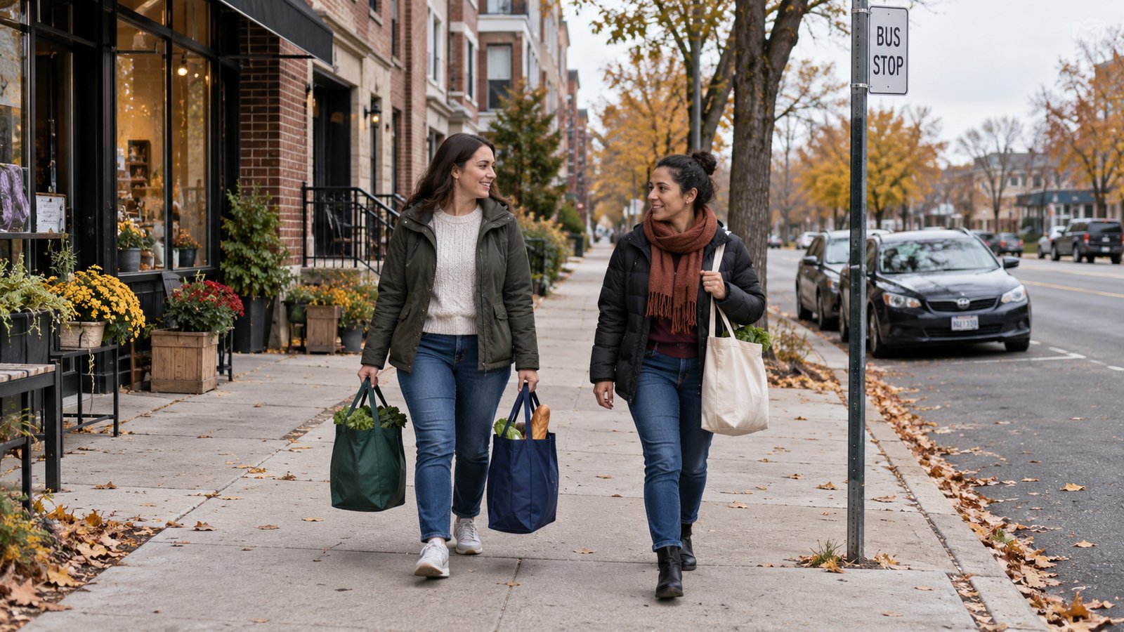 The walk home with groceries Two residents carrying grocery bags along a clear sidewalk beside a bus-stop pole.