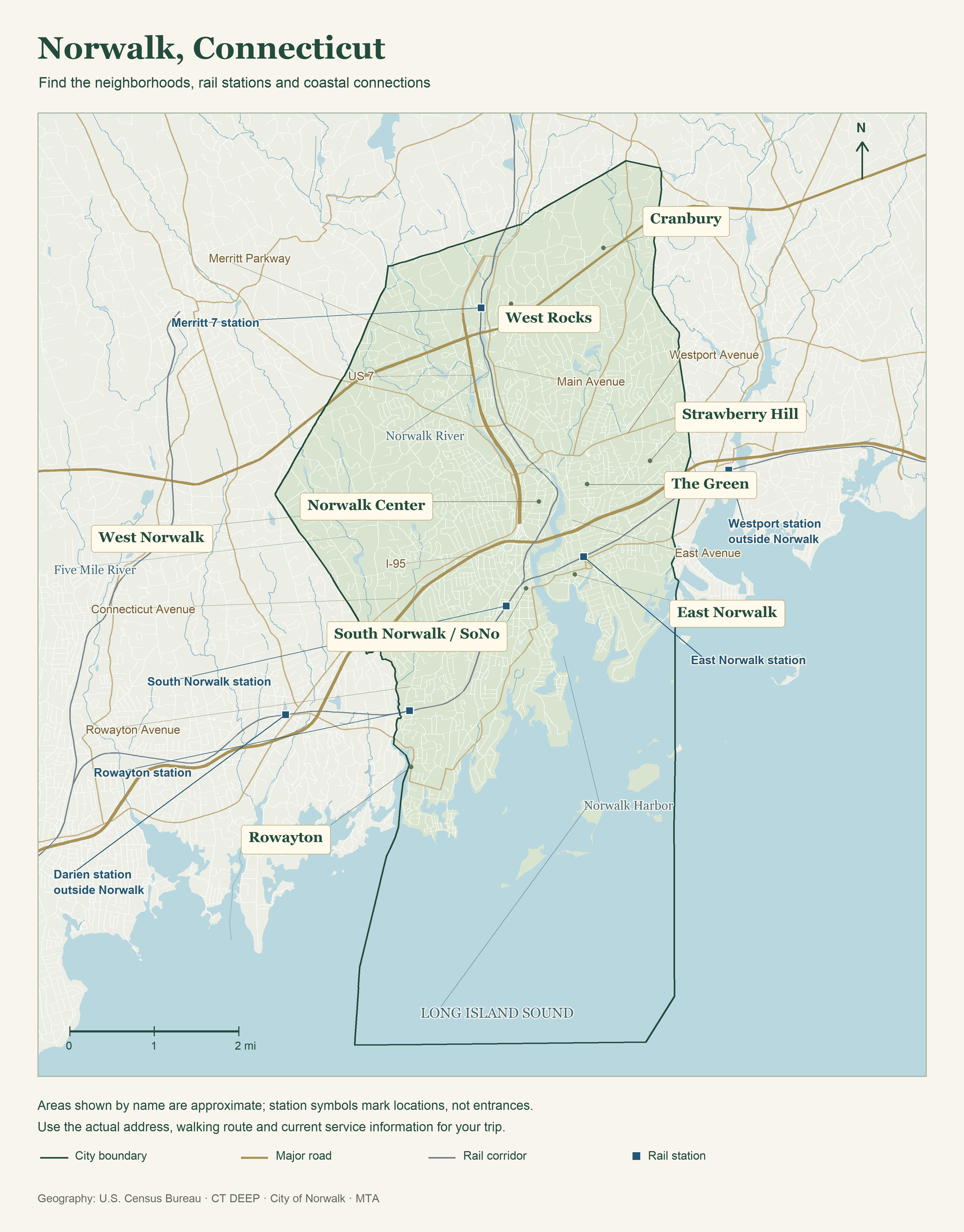 Explore Norwalk, its neighborhoods and stations Norwalk orientation map with the full city boundary, directly named areas, waterways, selected roads and rail stations; Darien and Westport shown outside the city.