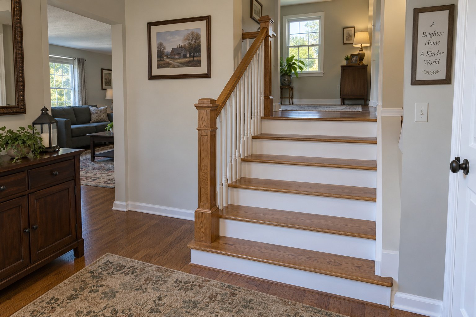 Check stairs and landing turns A complete short interior wooden stair flight with handrails, landing turn and a clear lower approach.