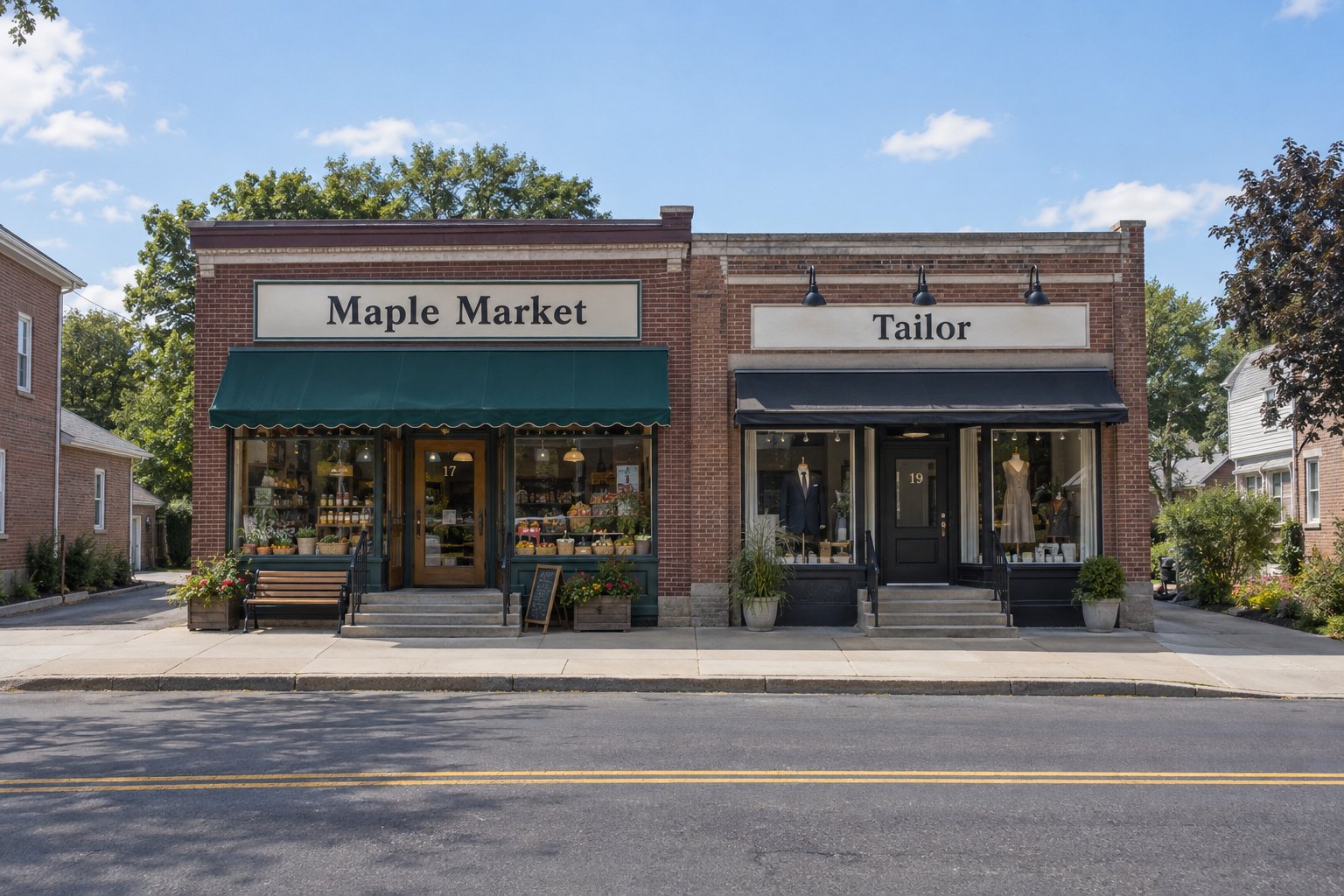 Two complete low brick shops with functional fictional Maple Market and Tailor signs, entry steps and a clear sidewalk.