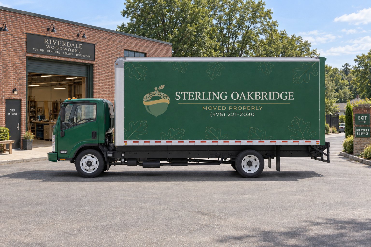 Confirm the truck position A complete green Sterling Oakbridge NPR20 truck in broad side view on a private paved workshop courtyard, cargo door closed and ramp stowed.