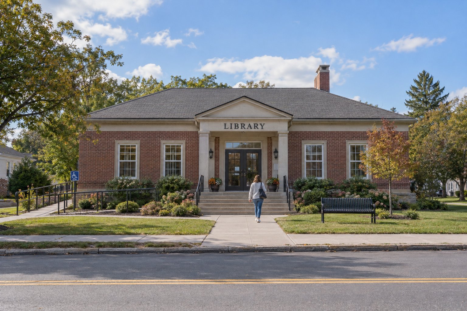 A complete modest brick library building with entry steps, a separate ramp, a whole bench and a resident walking beside it.
