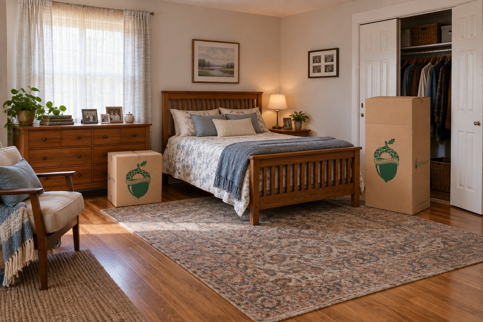 An occupied bedroom with a complete wooden bed, dresser and closed kraft Wardrobe and Medium Linen cartons outside the passage.