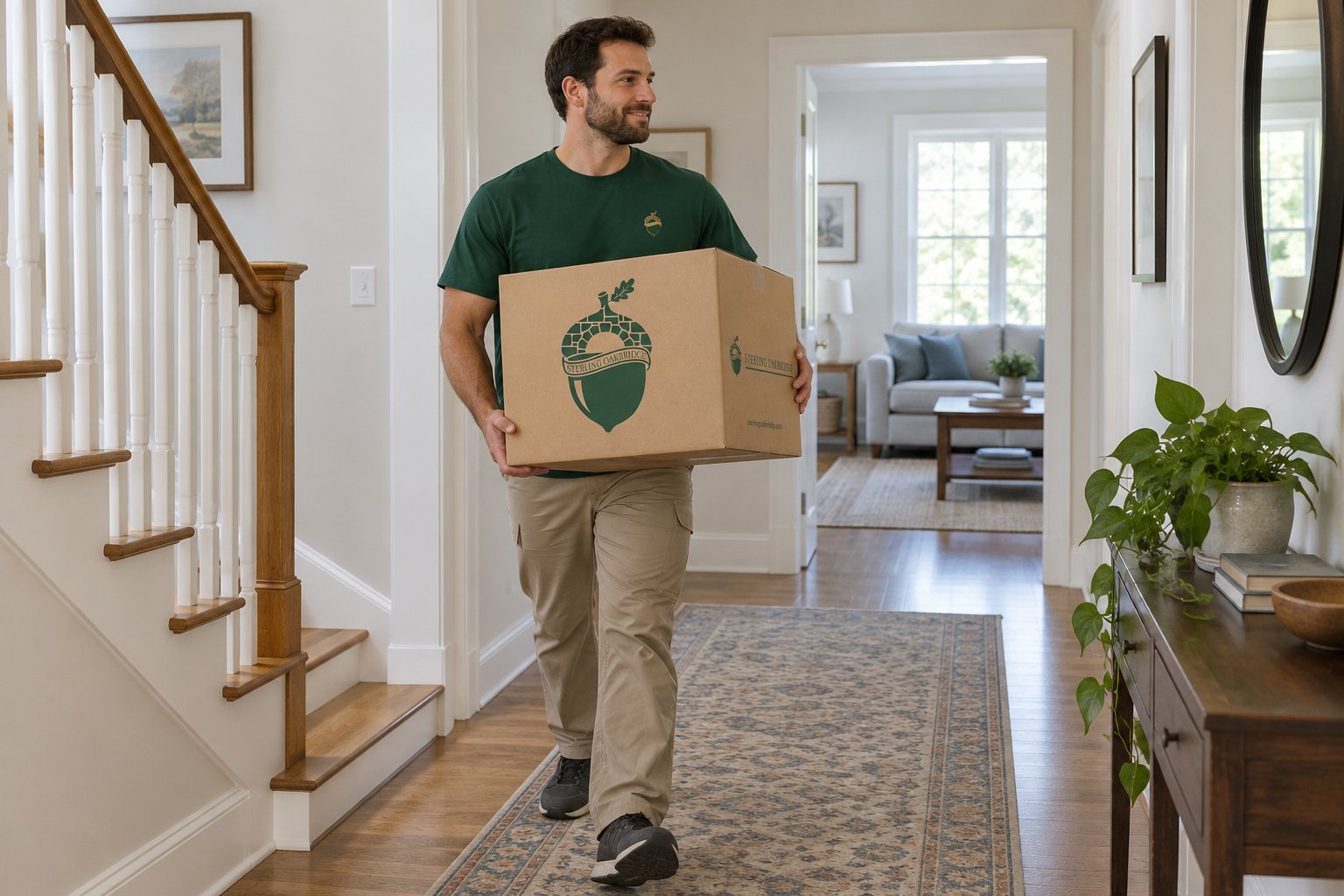 Keep the carry route clear A whole male Sterling Oakbridge mover carries one closed kraft Medium Linen carton along a clear level furnished hallway.