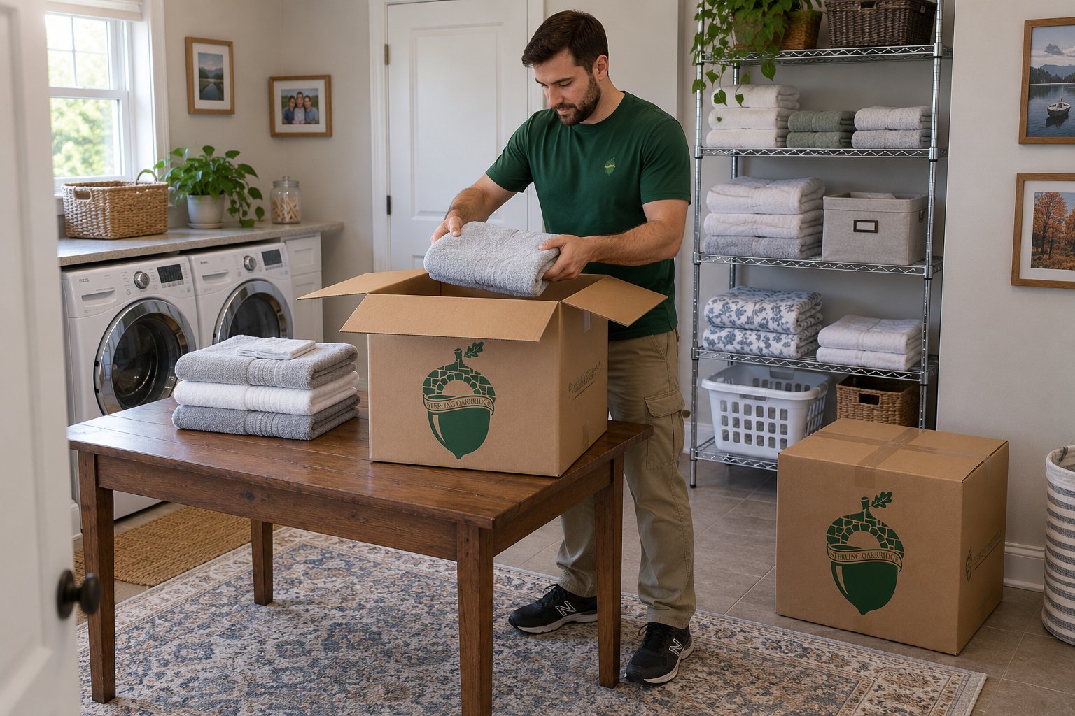 Prepare linen packing A whole male Sterling Oakbridge packer lowers a folded towel into an open kraft Medium Linen carton with visible closure flaps, beside a matching closed carton.