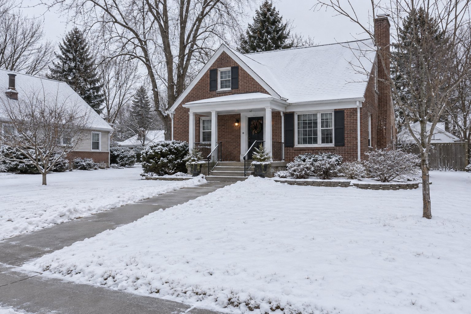 A complete modest brick house with a porch and steps beside a cleared connected front path in light winter conditions.