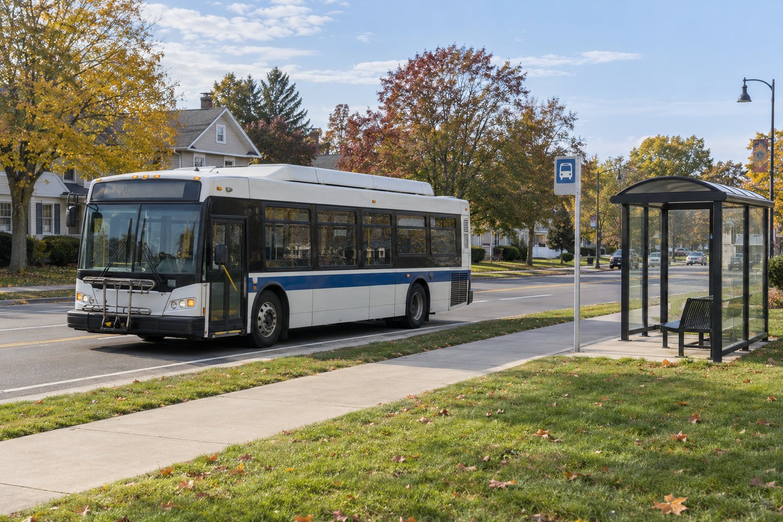 A complete generic bus and shelter beside a roadway, with the boarding door facing a separate pedestrian approach.