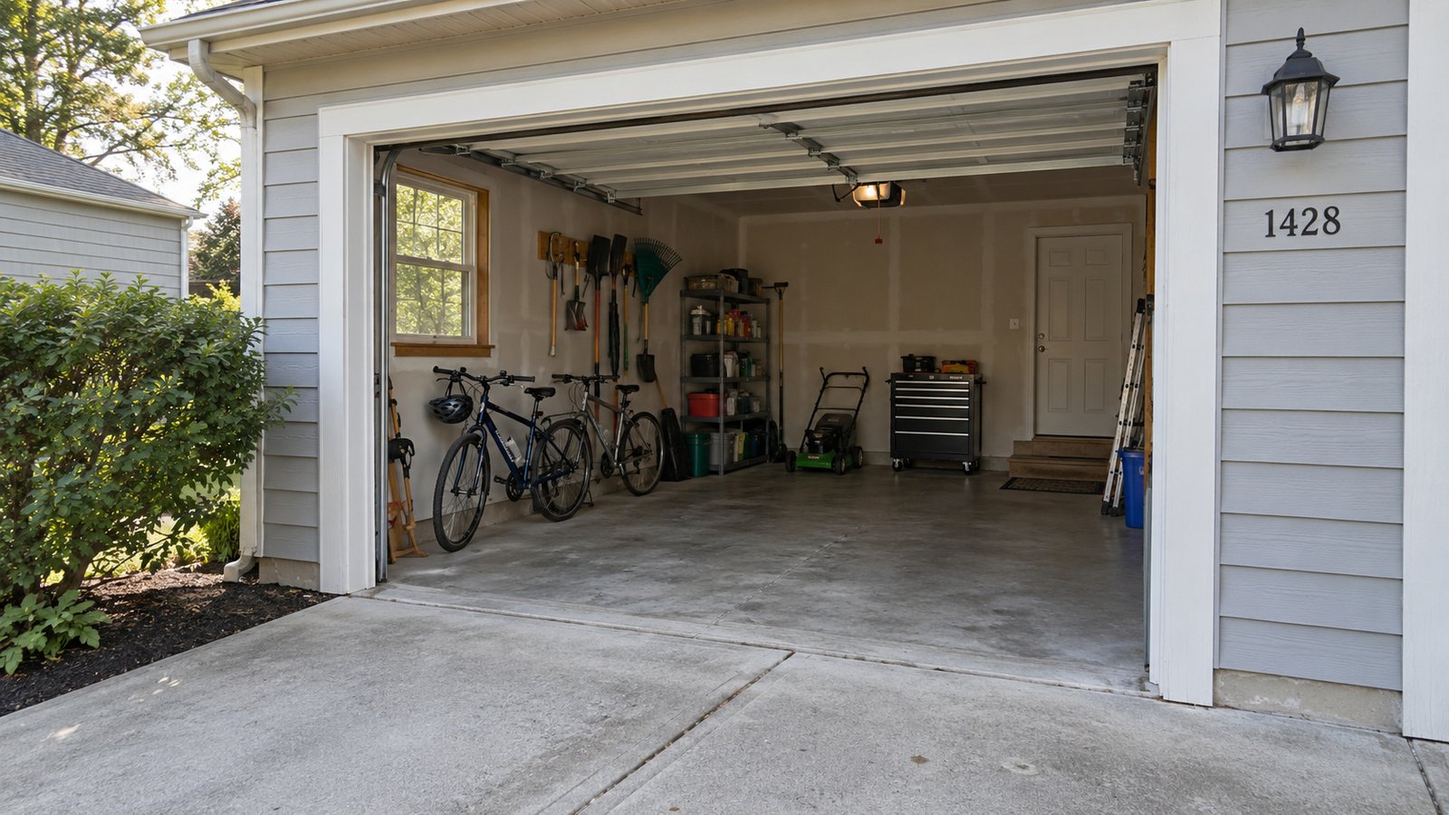 The garage carrying route Open garage with an overhead roll-up door, clear concrete floor, bicycles and gardening tools along the wall.