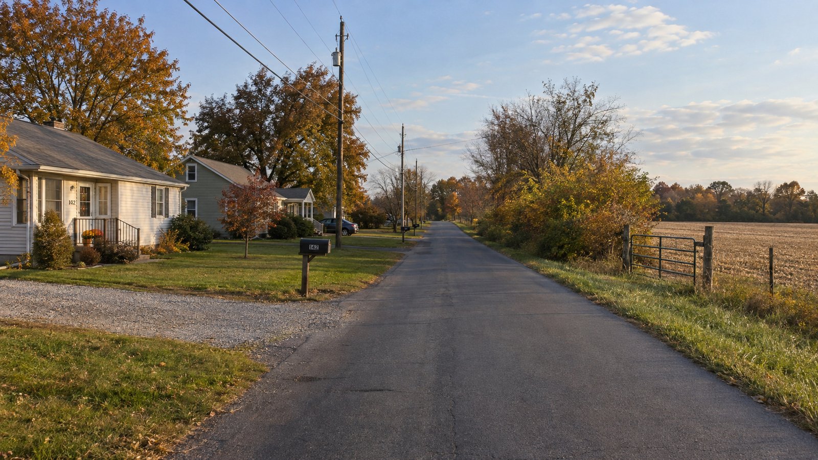Narrow paved residential road between modest houses with gravel entries and an open autumn field.