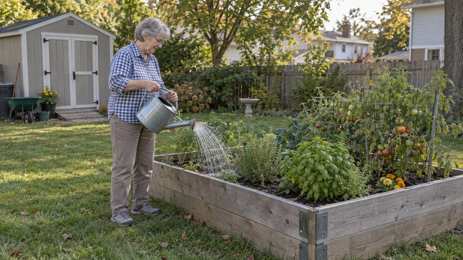 Older woman watering soil in a raised vegetable bed with a metal watering can in a backyard.