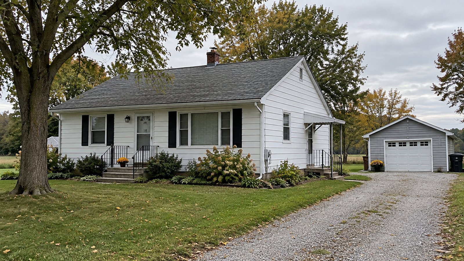 The home and its approach White single-story house with front steps, a covered side stoop, gravel driveway and detached gray garage.