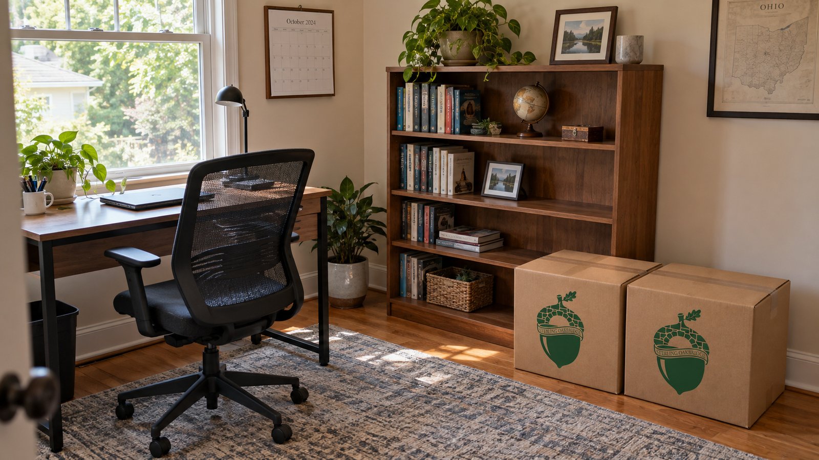 Home office with a desk, chair, low bookcase and two closed branded kraft cartons on the floor.